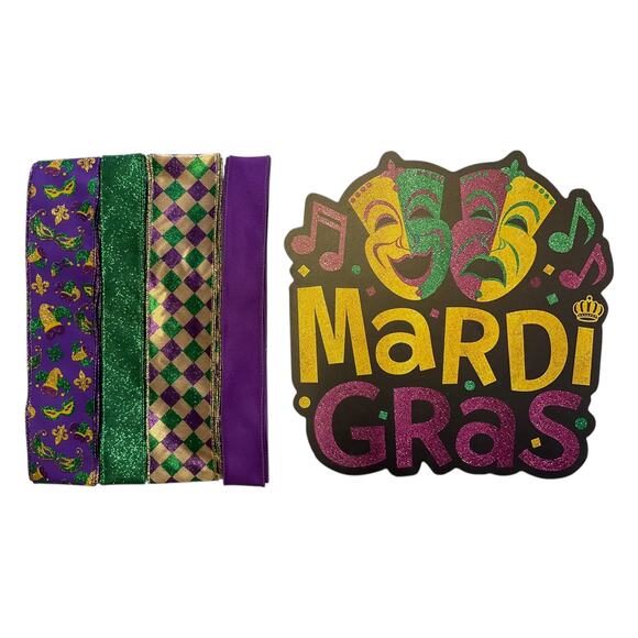 Mardi Gras Wreath Kit Bundle | Glitter Sign & 4 Wired Ribbons | DIY Party Decor - Picture 1 of 4